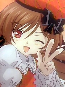 Rating: Safe Score: 0 Tags: 1girl brown_hair dress hat image long_sleeves looking_at_viewer one_eye_closed open_mouth red_eyes short_hair simple_background smile solo suiseiseki upper_body v User: admin