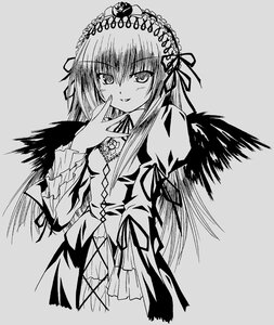 Rating: Safe Score: 0 Tags: 1girl dress frills greyscale hairband image long_hair long_sleeves looking_at_viewer monochrome ribbon simple_background smile solo suigintou very_long_hair wings User: admin