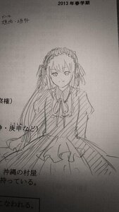 Rating: Safe Score: 0 Tags: 1girl dated dress greyscale hairband image long_hair long_sleeves looking_at_viewer monochrome ribbon sketch solo suigintou traditional_media User: admin