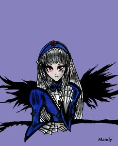 Rating: Safe Score: 0 Tags: 1girl black_wings blush dress feathered_wings frills hairband image juliet_sleeves long_hair long_sleeves looking_at_viewer simple_background solo suigintou upper_body wings User: admin