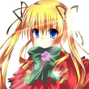 Rating: Safe Score: 0 Tags: 1girl blonde_hair blue_eyes blush bow drill_hair flower hair_ribbon image long_hair long_sleeves looking_at_viewer pink_rose ribbon rose shinku simple_background smile solo twin_drills twintails white_background User: admin