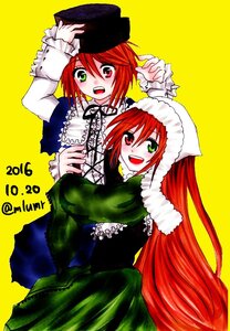 Rating: Safe Score: 0 Tags: 2girls :d dress frills green_dress green_eyes hat heterochromia image long_hair long_sleeves looking_at_viewer m1umr multiple_girls open_mouth pair red_eyes short_hair siblings simple_background sisters smile souseiseki suiseiseki twins very_long_hair yellow_background User: admin