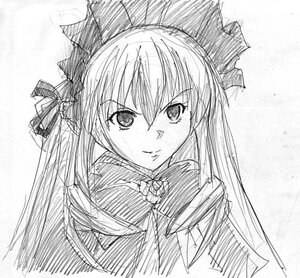 Rating: Safe Score: 0 Tags: 1girl graphite_(medium) greyscale hair_ribbon image long_hair looking_at_viewer monochrome ribbon shinku simple_background sketch smile solo upper_body white_background User: admin