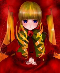 Rating: Safe Score: 0 Tags: 1girl bangs blonde_hair blue_eyes blush bonnet bow dress drill_hair flower green_bow image long_hair long_sleeves looking_at_viewer red_dress rose shinku solo User: admin