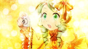 Rating: Safe Score: 0 Tags: 1girl bow cup drill_hair flower frills green_eyes green_hair hair_ornament image kanaria open_mouth ribbon rose solo yellow_background User: admin