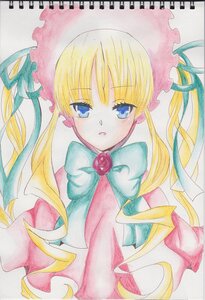 Rating: Safe Score: 0 Tags: 1girl bangs blonde_hair blue_eyes bonnet bow bowtie dress flower green_bow image long_hair long_sleeves looking_at_viewer marker_(medium) photo rose shinku sidelocks simple_background solo traditional_media twintails upper_body watercolor_(medium) white_background User: admin