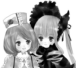 Rating: Safe Score: 0 Tags: 2girls blush dress flower frills greyscale hat image long_hair long_sleeves looking_at_viewer monochrome multiple_girls ribbon rose shinku simple_background smile solo top_hat twintails upper_body white_background User: admin