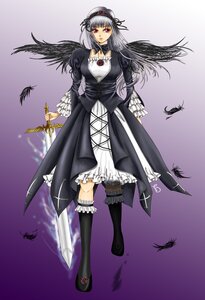 Rating: Safe Score: 0 Tags: 1girl black_wings doll_joints dress feathers flower frills gradient gradient_background hairband image joints long_hair long_sleeves red_eyes rose silver_hair solo suigintou weapon wings User: admin