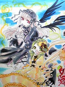 Rating: Safe Score: 0 Tags: 2girls black_wings blonde_hair dress drill_hair flower frills green_eyes green_hair hairband image kanaria long_hair long_sleeves marker_(medium) multiple_girls open_mouth pair red_eyes rose shinku smile suigintou traditional_media watercolor_(medium) wings User: admin