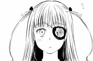 Rating: Safe Score: 0 Tags: 1girl :< bangs barasuishou blush closed_mouth eyebrows_visible_through_hair eyepatch flower greyscale hair_ornament image looking_at_viewer monochrome rose simple_background solo white_background User: admin