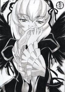 Rating: Safe Score: 0 Tags: 1girl dress eyebrows_visible_through_hair frilled_sleeves frills greyscale hairband image long_hair long_sleeves looking_at_viewer millipen_(medium) monochrome ribbon shikishi solo suigintou traditional_media wings User: admin