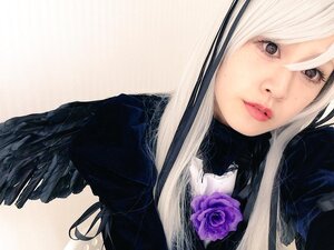 Rating: Safe Score: 0 Tags: 1girl bangs black_eyes flower lips long_hair looking_at_viewer purple_flower rose simple_background solo suigintou upper_body wings User: admin