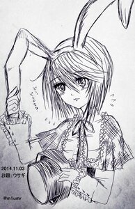 Rating: Safe Score: 0 Tags: 1girl animal_ears blush bunny_ears dated flying_sweatdrops frills greyscale headwear_removed holding holding_hat image long_sleeves monochrome nagae_iku short_hair solo souseiseki upper_body User: admin