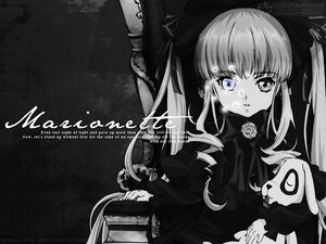 Rating: Safe Score: 0 Tags: 1girl blush dress flower holding image lolita_fashion long_hair long_sleeves monochrome rose shinku solo twintails upper_body very_long_hair watermark User: admin