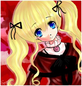 Rating: Safe Score: 0 Tags: 1girl black_ribbon blonde_hair blue_eyes bow dress flower hair_ribbon image long_hair looking_at_viewer red_background red_dress ribbon rose shinku smile solo twintails User: admin