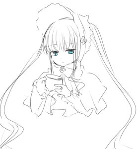 Rating: Safe Score: 0 Tags: 1girl bangs blue_eyes cup dress eyebrows_visible_through_hair hair_ornament holding holding_cup image long_hair long_sleeves looking_at_viewer monochrome shinku simple_background solo spot_color striped teacup very_long_hair white_background User: admin