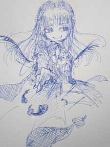 Rating: Safe Score: 0 Tags: 1girl blush dress image long_hair long_sleeves monochrome sketch smile solo suigintou traditional_media wings User: admin