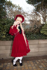 Rating: Safe Score: 0 Tags: 1girl black_footwear blonde_hair blue_eyes bonnet dress flower long_hair looking_at_viewer red_dress shinku shoes solo standing white_legwear User: admin