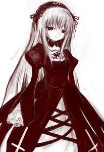 Rating: Safe Score: 0 Tags: 1girl closed_mouth cowboy_shot dress frills hairband image juliet_sleeves long_hair long_sleeves looking_at_viewer monochrome puffy_sleeves simple_background solo standing suigintou very_long_hair white_background User: admin