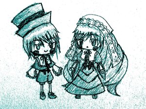 Rating: Safe Score: 0 Tags: 2girls dress hat image long_hair monochrome multiple_girls open_mouth pair short_hair smile souseiseki standing suiseiseki User: admin