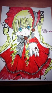 Rating: Safe Score: 0 Tags: 1girl bangs blonde_hair blue_eyes blush bonnet bow bowtie capelet dress flower image long_hair long_sleeves looking_at_viewer marker_(medium) photo red_capelet red_dress shinku solo traditional_media twintails User: admin