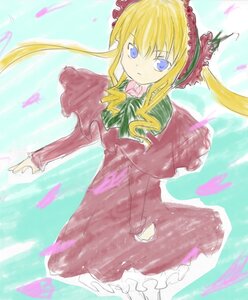 Rating: Safe Score: 0 Tags: 1girl blonde_hair blue_eyes bonnet bow bowtie dress green_bow green_neckwear image long_hair long_sleeves looking_at_viewer red_dress shinku solo standing User: admin