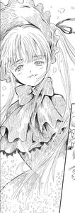 Rating: Safe Score: 0 Tags: 1girl bonnet bow bowtie dress frills greyscale image long_hair monochrome shinku smile solo tears twintails User: admin