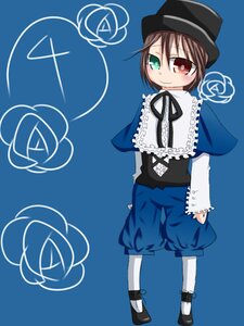 Rating: Safe Score: 0 Tags: 1girl blue_background brown_hair capelet flower full_body green_eyes hat heterochromia image long_sleeves looking_at_viewer pantyhose red_eyes rose shoes short_hair simple_background smile solo souseiseki standing white_legwear User: admin