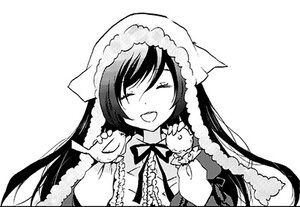Rating: Safe Score: 0 Tags: 1girl closed_eyes dress frills greyscale image imaizumi_kagerou long_hair long_sleeves monochrome open_mouth ribbon simple_background smile solo striped suiseiseki white_background User: admin