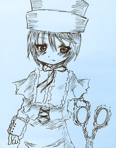 Rating: Safe Score: 0 Tags: 1girl bangs blue_background blue_theme blush capelet closed_mouth dress eyebrows_visible_through_hair hat image long_sleeves looking_at_viewer monochrome short_hair simple_background solo souseiseki User: admin