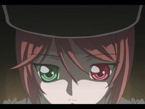 Rating: Safe Score: 0 Tags: 1girl bangs close-up closed_mouth eyebrows_visible_through_hair face green_eyes hair_between_eyes hat image letterboxed looking_at_viewer red_eyes red_hair screenshot solo souseiseki User: admin