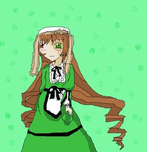 Rating: Safe Score: 0 Tags: 1girl blush_stickers brown_hair dress grass green_background green_dress green_eyes image long_hair long_sleeves looking_at_viewer solo suiseiseki very_long_hair User: admin