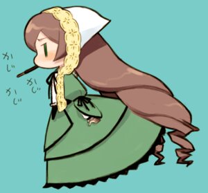 Rating: Safe Score: 0 Tags: blue_background braid brown_hair chibi dress green_dress green_eyes image long_sleeves profile simple_background solo standing suiseiseki User: admin