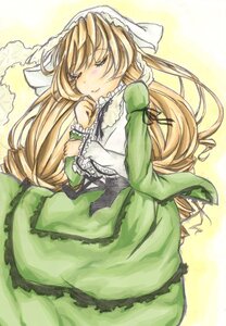 Rating: Safe Score: 0 Tags: 1girl blonde_hair blush closed_eyes dress frills green_dress head_scarf image long_hair long_sleeves ribbon smile solo suiseiseki very_long_hair User: admin