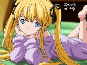 Rating: Safe Score: 0 Tags: 1girl bare_shoulders barefoot black_ribbon blonde_hair blue_eyes blurry blurry_background chin_rest closed_mouth dated depth_of_field eyebrows_visible_through_hair hair_ribbon image indoors long_hair looking_at_viewer lying off_shoulder on_stomach ribbon shinku signature solo the_pose twintails User: admin