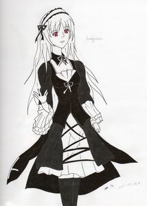 Rating: Safe Score: 0 Tags: 1girl artist_name bangs dress eyebrows_visible_through_hair frills hairband image long_hair long_sleeves looking_at_viewer monochrome pantyhose red_eyes signature simple_background solo standing suigintou white_background User: admin