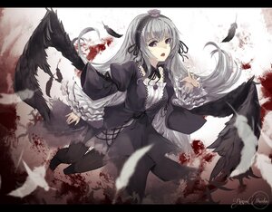 Rating: Safe Score: 0 Tags: 1girl bird black_dress black_feathers black_wings blood dress feathers flower frills hairband image letterboxed lolita_fashion long_hair long_sleeves open_mouth purple_eyes ribbon rose silver_hair solo suigintou wings User: admin