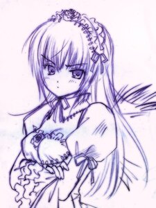 Rating: Safe Score: 0 Tags: 1girl bangs blush detached_collar dress eyebrows_visible_through_hair flower frills hairband image juliet_sleeves long_hair long_sleeves looking_at_viewer monochrome puffy_sleeves purple_theme ribbon simple_background solo suigintou traditional_media upper_body white_background wings User: admin