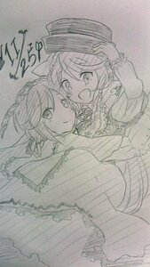 Rating: Safe Score: 0 Tags: 2girls :d blush dress hat image long_hair long_sleeves looking_at_viewer monochrome multiple_girls open_mouth pair short_hair siblings sisters sketch smile souseiseki suiseiseki traditional_media User: admin