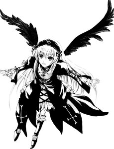 Rating: Safe Score: 0 Tags: 1girl black_wings detached_collar dress feathered_wings feathers frills from_above full_body greyscale hairband image long_hair long_sleeves looking_at_viewer monochrome ribbon rose shoes simple_background solo standing suigintou very_long_hair white_background wings User: admin