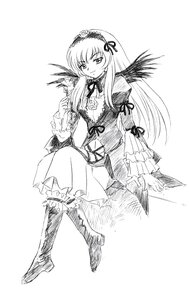 Rating: Safe Score: 0 Tags: 1girl boots detached_collar dress frills full_body greyscale hairband image knee_boots long_hair long_sleeves looking_at_viewer monochrome ribbon rose simple_background sitting solo suigintou wings User: admin