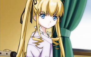 Rating: Safe Score: 0 Tags: 1girl black_ribbon blonde_hair blue_eyes blurry closed_mouth collarbone depth_of_field hair_ribbon image long_hair looking_at_viewer ribbon shinku solo striped striped_shirt twintails upper_body very_long_hair User: admin