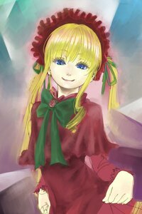 Rating: Safe Score: 0 Tags: 1girl blonde_hair blue_eyes bonnet bow bowtie dress flower green_bow green_neckwear image long_hair long_sleeves looking_at_viewer red_capelet red_dress shinku sidelocks smile solo User: admin