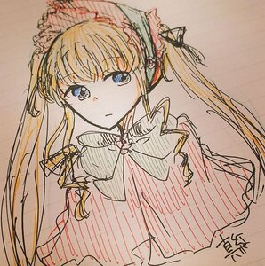 Rating: Safe Score: 0 Tags: 1girl bangs blonde_hair blue_eyes bonnet dress eyebrows_visible_through_hair image long_hair long_sleeves looking_at_viewer photo shinku simple_background solo traditional_media twintails upper_body User: admin