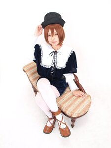 Rating: Safe Score: 0 Tags: 1girl brown_hair dress full_body hat lips long_sleeves looking_at_viewer pantyhose ribbon shoes short_hair sitting solo souseiseki striped striped_legwear vertical-striped_legwear vertical_stripes white_legwear User: admin