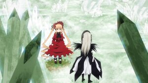 Rating: Safe Score: 0 Tags: 2girls blonde_hair blue_eyes dress image long_hair long_sleeves multiple_girls outdoors pair red_dress shinku standing suigintou wings User: admin