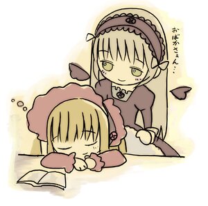 Rating: Safe Score: 0 Tags: 2girls artist_request bad_id bad_pixiv_id black_wings blocks_(artist) blonde_hair bonnet book chibi closed_eyes covering_with_blanket dress hairband image long_hair long_sleeves multiple_girls open_book pair rozen_maiden shinku sleeping suigintou translated translation_request wings User: admin