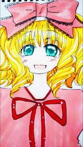 Rating: Safe Score: 0 Tags: 1girl :d blonde_hair blush bow dress drill_hair eyebrows_visible_through_hair hina_ichigo hinaichigo image long_sleeves looking_at_viewer marker_(medium) open_mouth pink_bow ribbon short_hair simple_background smile solo traditional_media upper_body User: admin