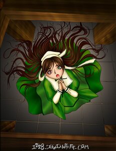 Rating: Safe Score: 0 Tags: 1girl :o brown_hair dress from_above green_dress green_eyes heterochromia image in_box long_hair long_sleeves looking_at_viewer open_mouth red_eyes solo suiseiseki tile_floor tiles very_long_hair User: admin