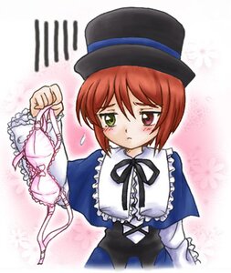 Rating: Safe Score: 0 Tags: 1girl blue_dress blush bow dress frills green_eyes hat heterochromia holding holding_clothes holding_underwear image lingerie long_sleeves looking_at_viewer red_eyes ribbon short_hair solo souseiseki underwear upper_body User: admin
